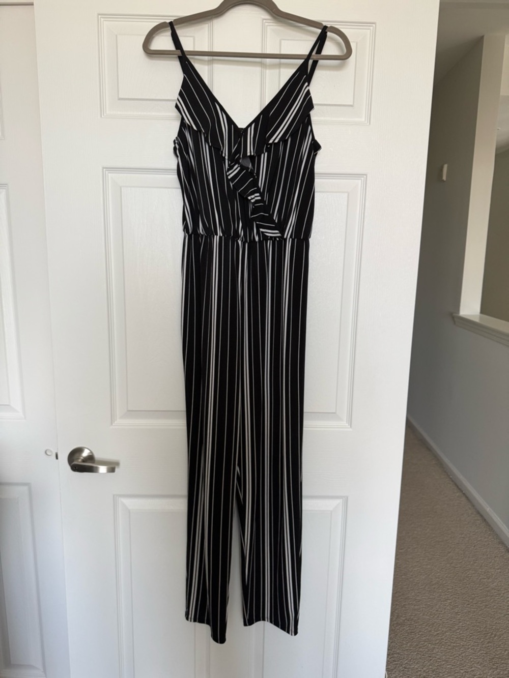 Express Black and White Striped V-Neck Jumpsuit
